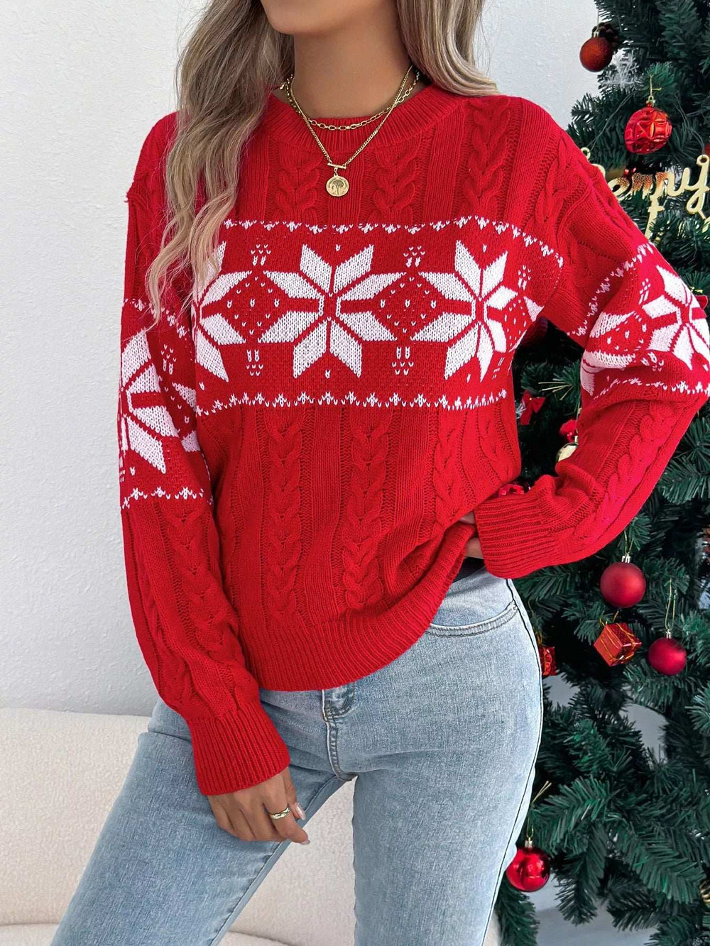 Christmas Snowflake Cable Knit Sweater - Trendsi - Flyclothing LLC