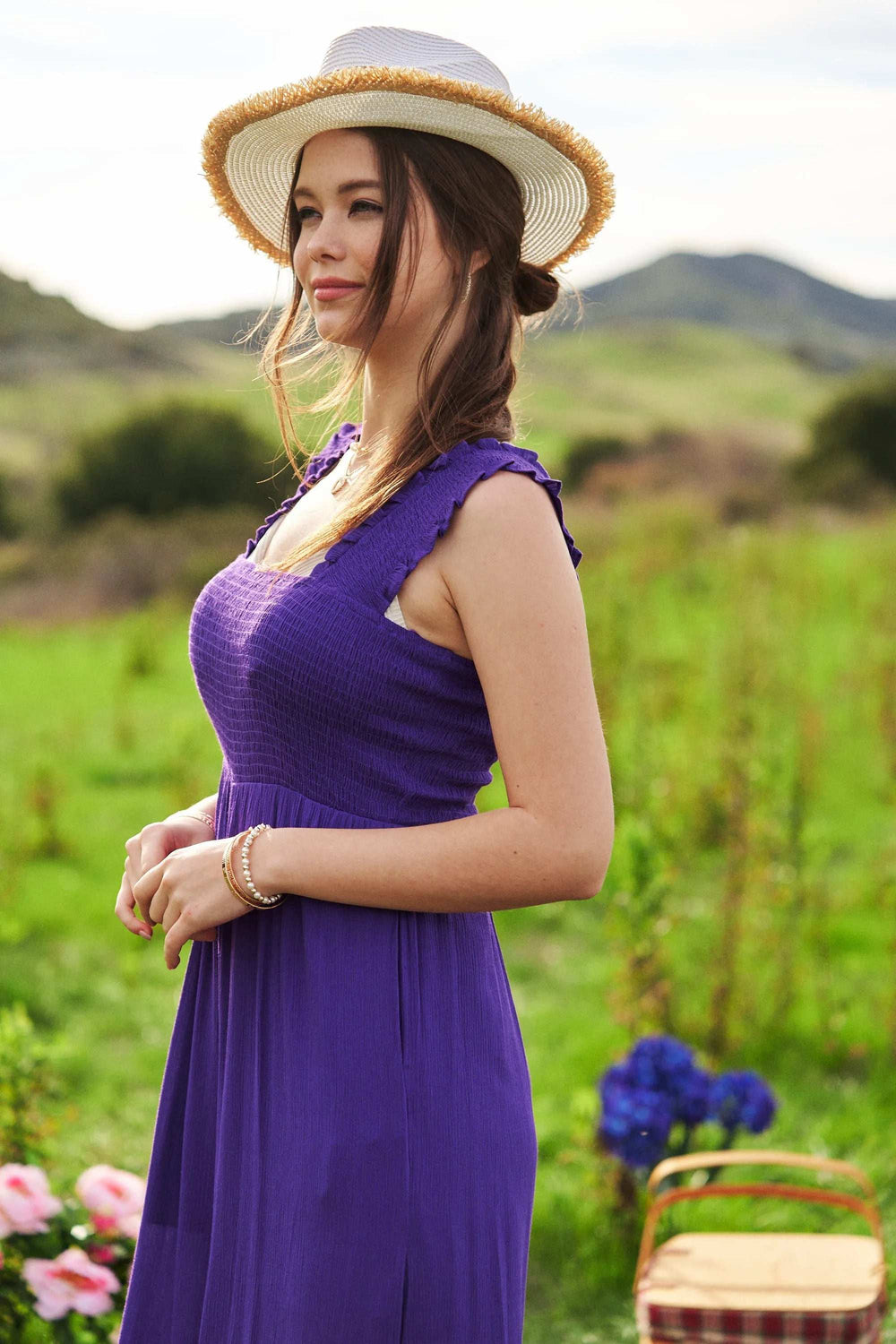 Davi & Dani Smocked Bodice Strap Ruffle Tie Belt Jumpsuit - Trendsi - Flyclothing LLC