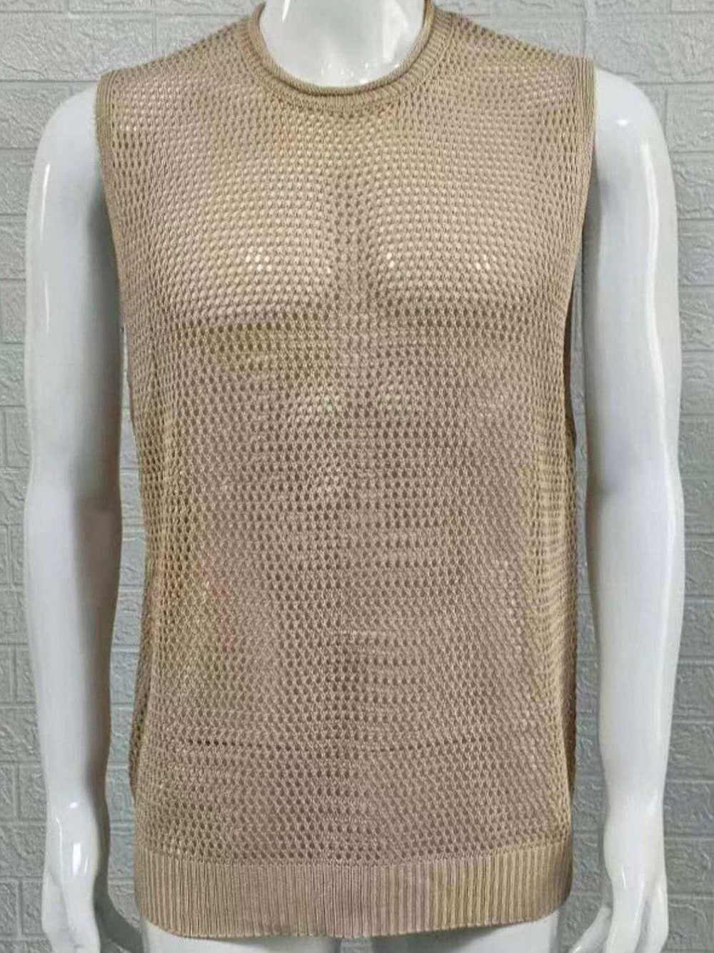 Men's Openwork Round Neck Sleeveless Knit Top - Trendsi - Flyclothing LLC