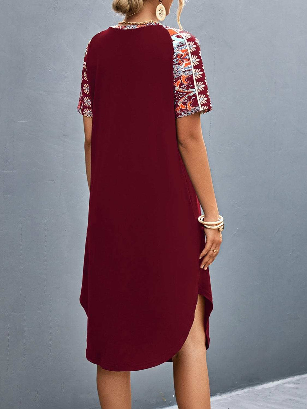 Printed V-Neck Short Sleeve Dress - Trendsi - Flyclothing LLC