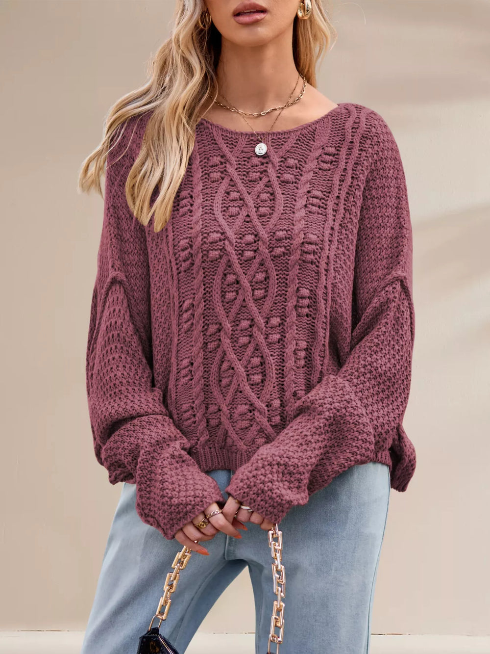 Textured Knit Round Neck Sweater - Trendsi - Flyclothing LLC