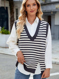 Slit V-Neck Striped Sweater Vest - Trendsi - Flyclothing LLC