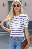 Striped Round Neck Puff Sleeve Knit Top - Trendsi - Flyclothing LLC