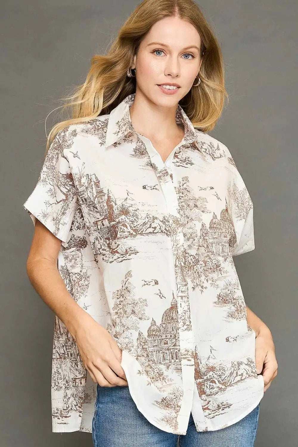 Umgee Full Size Two Tone Print Button Up Short Sleeve Shirt Plus Size - Trendsi - Flyclothing LLC