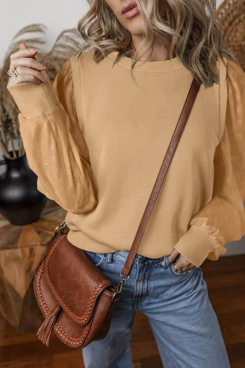 Eyelet Round Neck Long Sleeve Sweatshirt - Trendsi - Flyclothing LLC