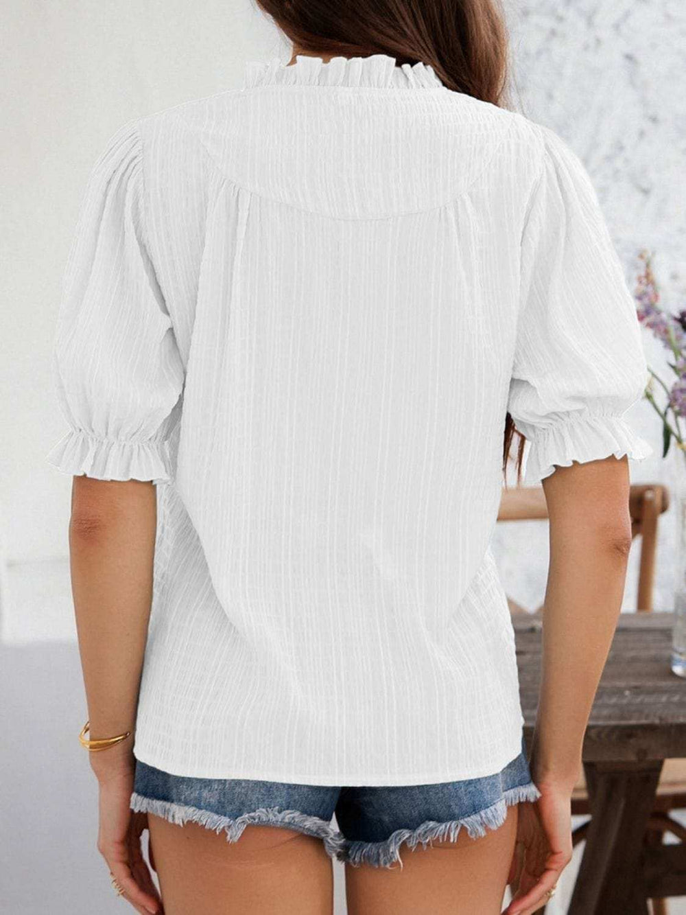 Devine Frill Notched Short Sleeve Blouse - Trendsi - Flyclothing LLC