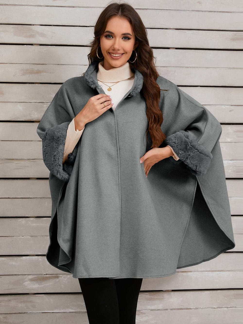 Fuzzy Trim Long Sleeve Poncho - Trendsi - Flyclothing LLC