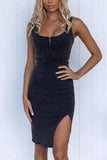 Side Slit Washed Scoop Neck Denim Dress - Trendsi - Flyclothing LLC