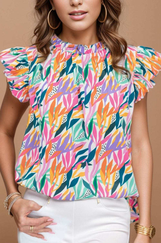 Printed Round Neck Cap Sleeve Blouse - Trendsi - Flyclothing LLC