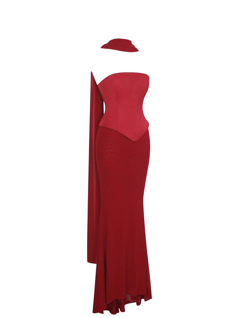 Giselle Crimson Peplum Mermaid Gown with Chiffon Scarf - Miss Circle - Flyclothing LLC