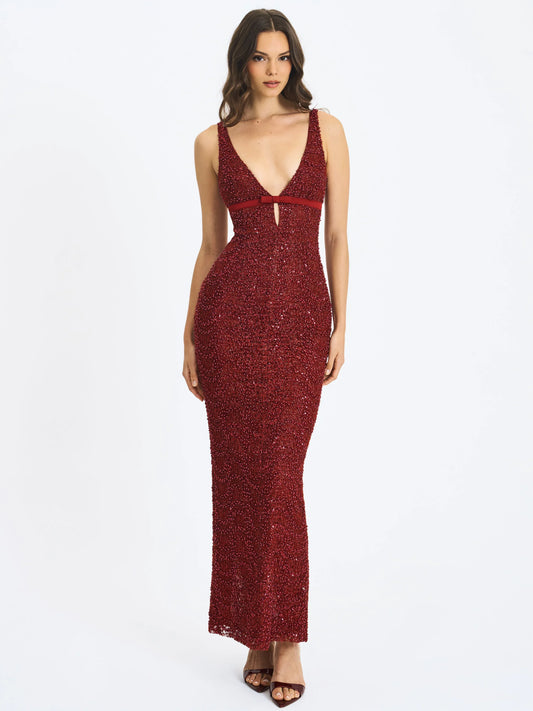 Elora Crimson Sequin Beaded Keyhole Maxi Dress - Miss Circle - Flyclothing LLC