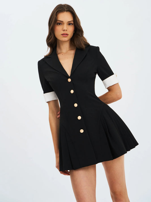 Ilitha Black Woven Crepe Pleated Mini Blazer Dress - Miss Circle - Flyclothing LLC