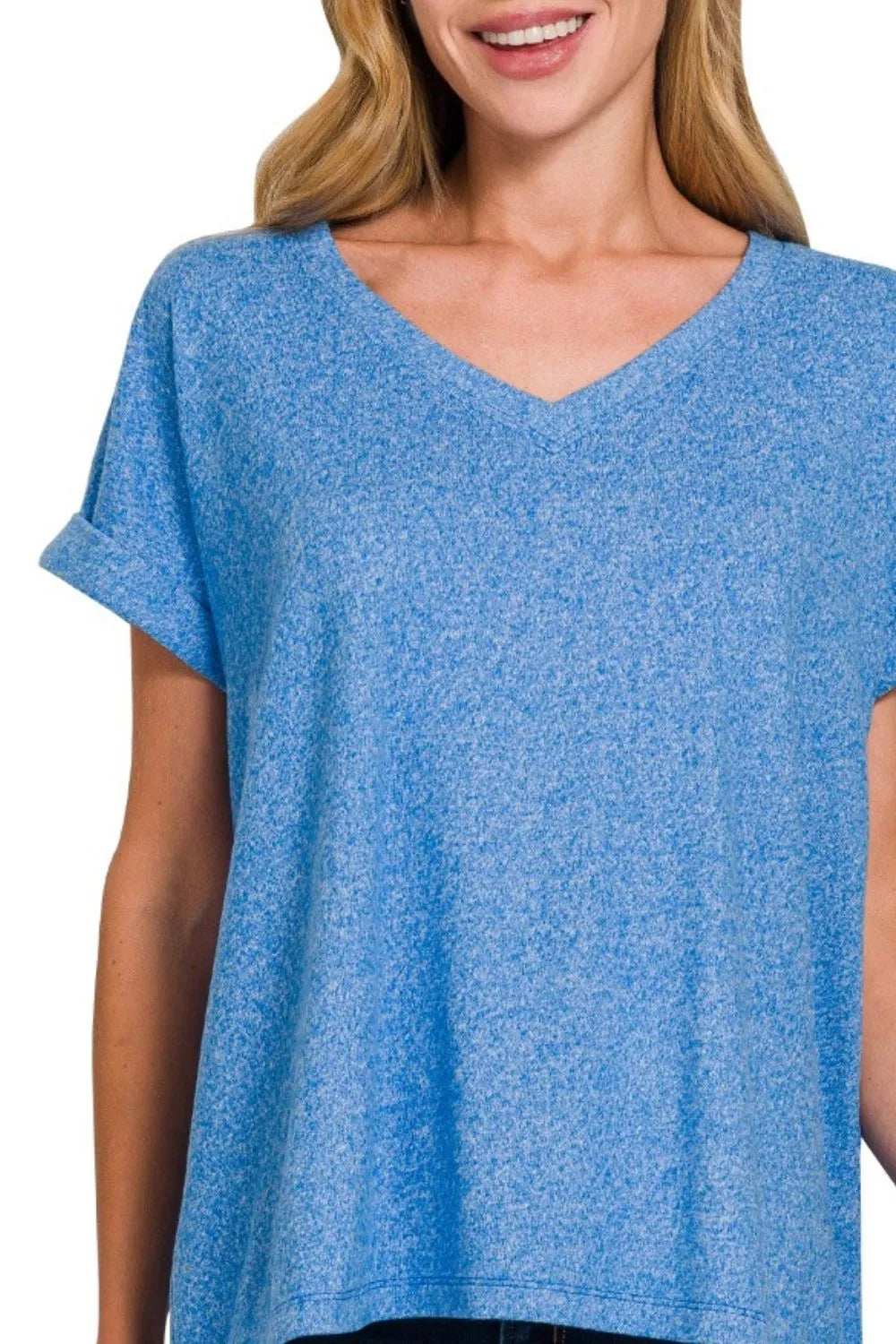 Zenana Soft Melange Hacci V-neck Tee - Trendsi - Flyclothing LLC