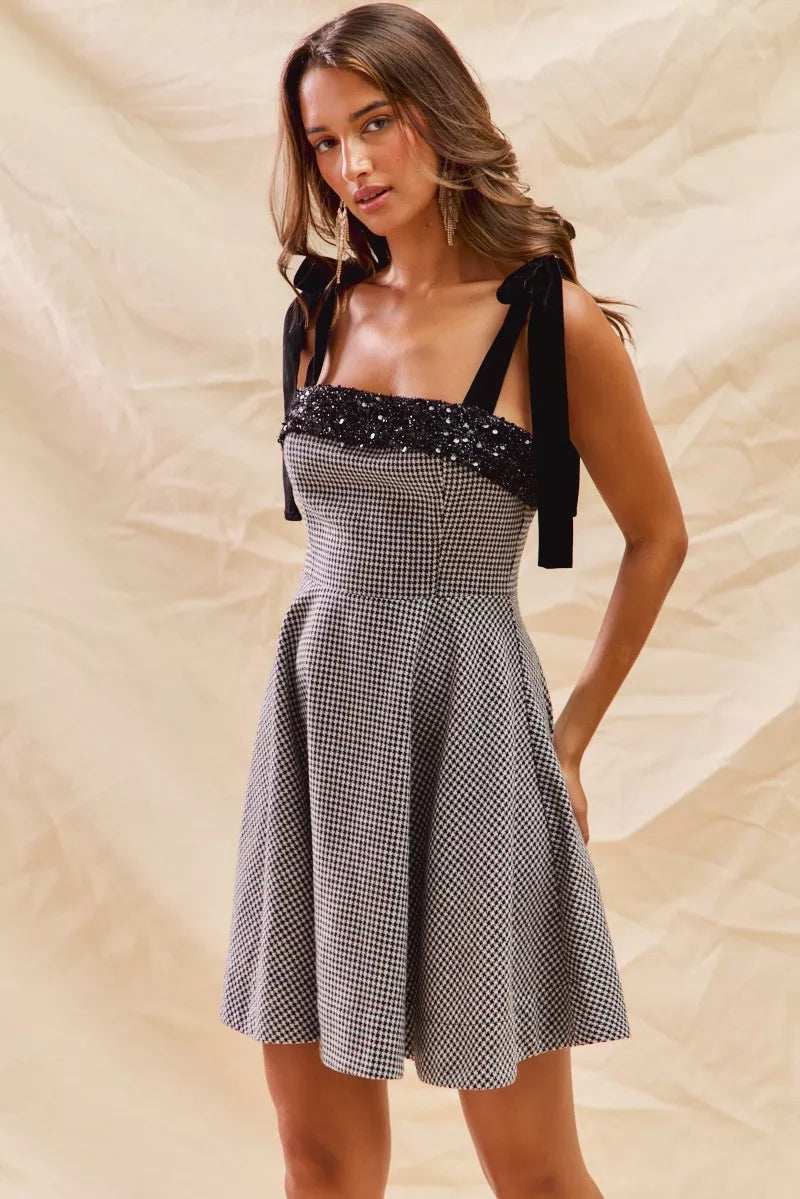 SO ME Houndstooth Fit Flare Mini Dress with Shoulder Tie - Trendsi - Flyclothing LLC