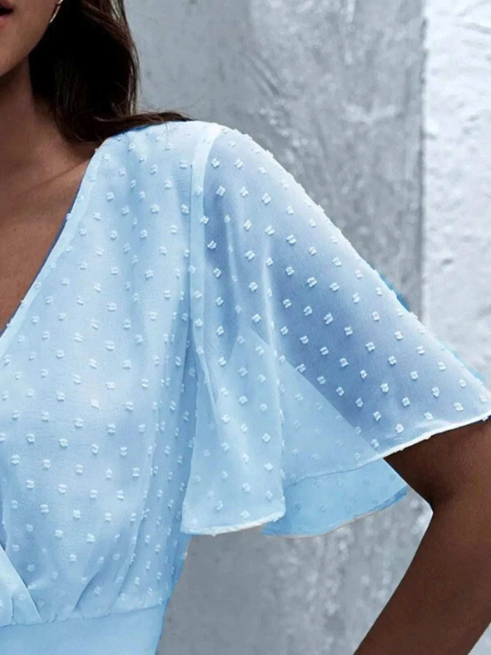 Short Sleeve Smocked Swiss Dot Blouse - Trendsi - Flyclothing LLC