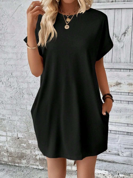 Pocketed Round Neck Short Sleeve Dress - Trendsi - Flyclothing LLC