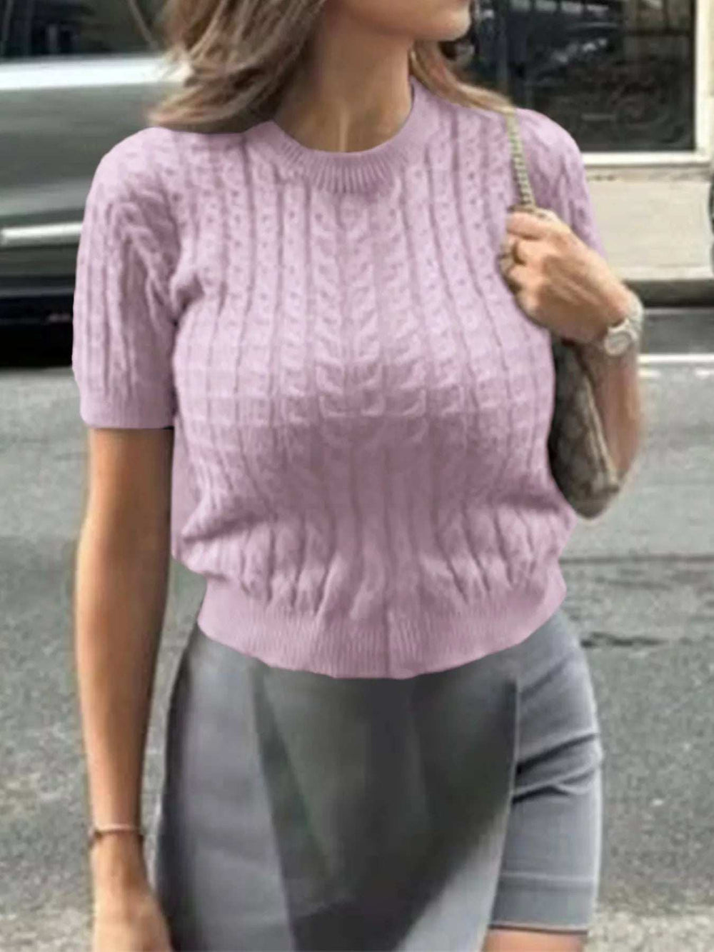 Cable-Knit Short Sleeve Sweater - Trendsi - Flyclothing LLC