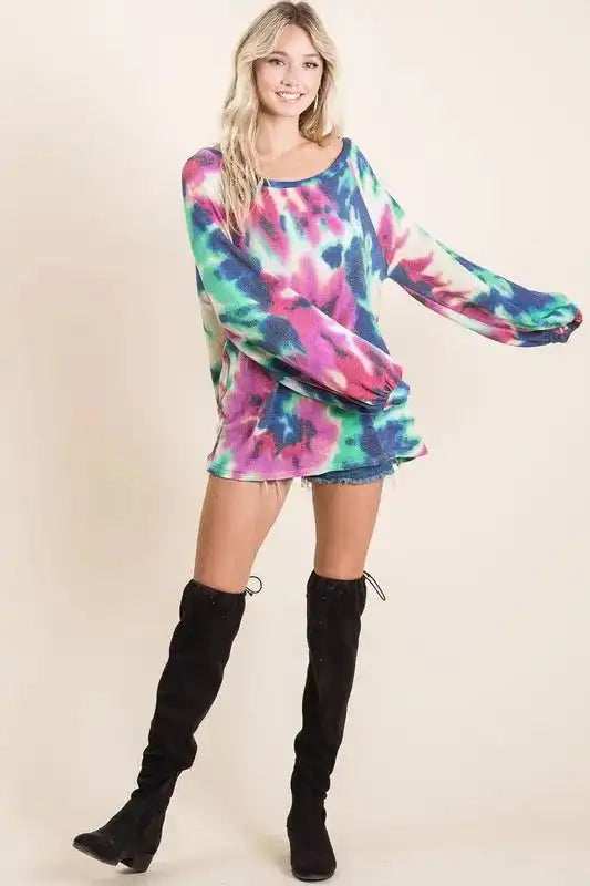 BiBi Tie Dye Print Terry Top with Puff Sleeves - Trendsi - Flyclothing LLC