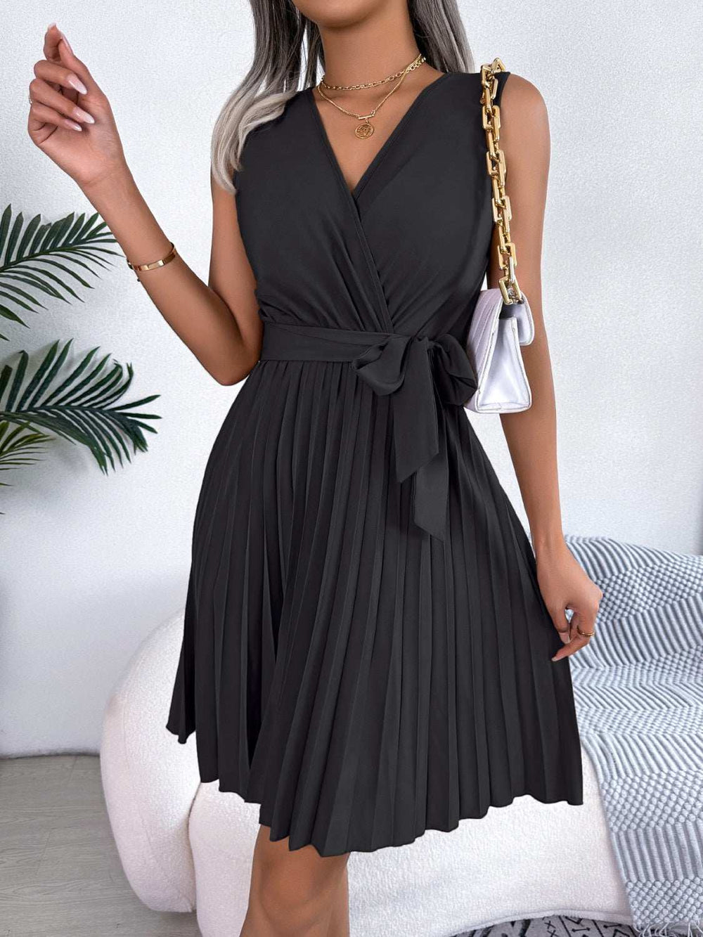 Tied Surplice Sleeveless Pleated Dress - Trendsi - Flyclothing LLC