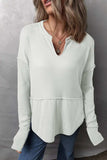 Waffle-Knit Exposed Seam Notched Long Sleeve Top - Trendsi - Flyclothing LLC