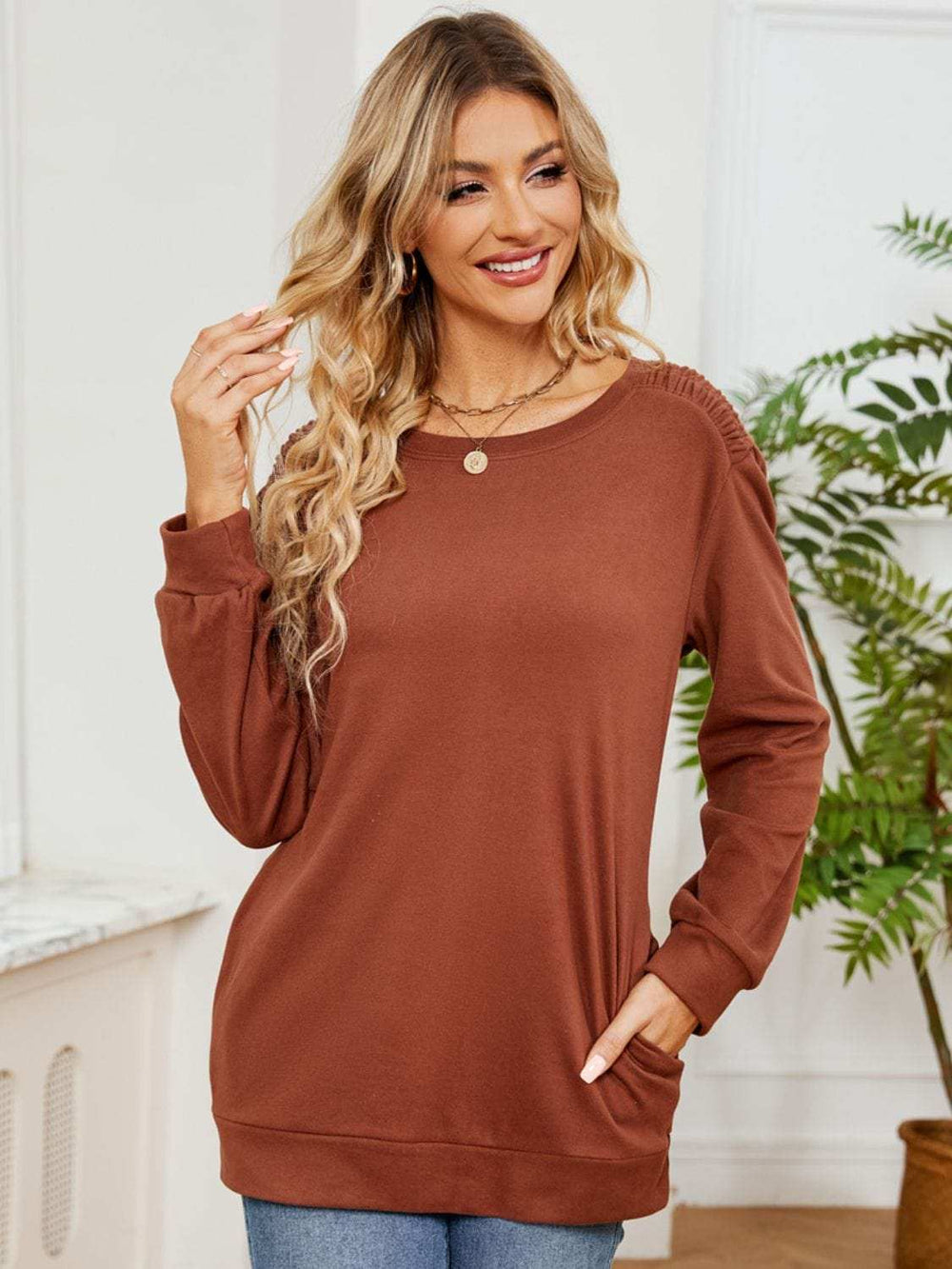 Ruched Shoulder Round Neck Long Sleeve Sweatshirt - Trendsi - Flyclothing LLC