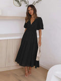 Tiered Surplice Half Sleeve Midi Dress - Trendsi - Flyclothing LLC