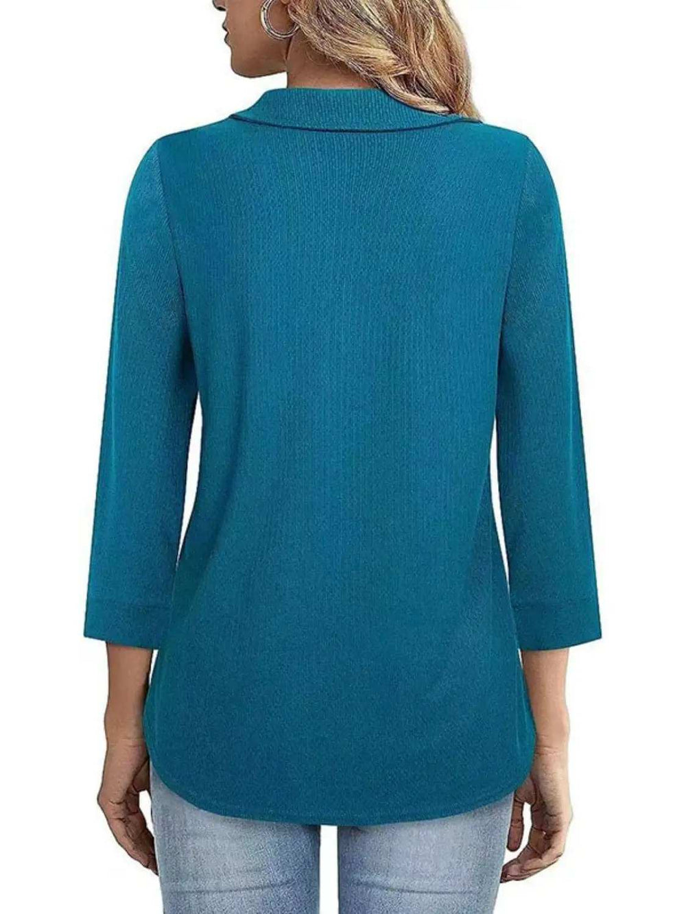 Half Zip Collared Neck Three-Quarter Sleeve T-Shirt - Trendsi - Flyclothing LLC