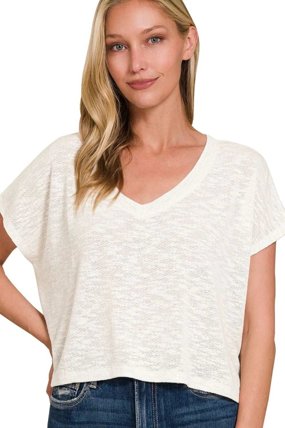 Zenana Hacci Slub V-neck Drop Shoulder Crop Top - Trendsi - Flyclothing LLC