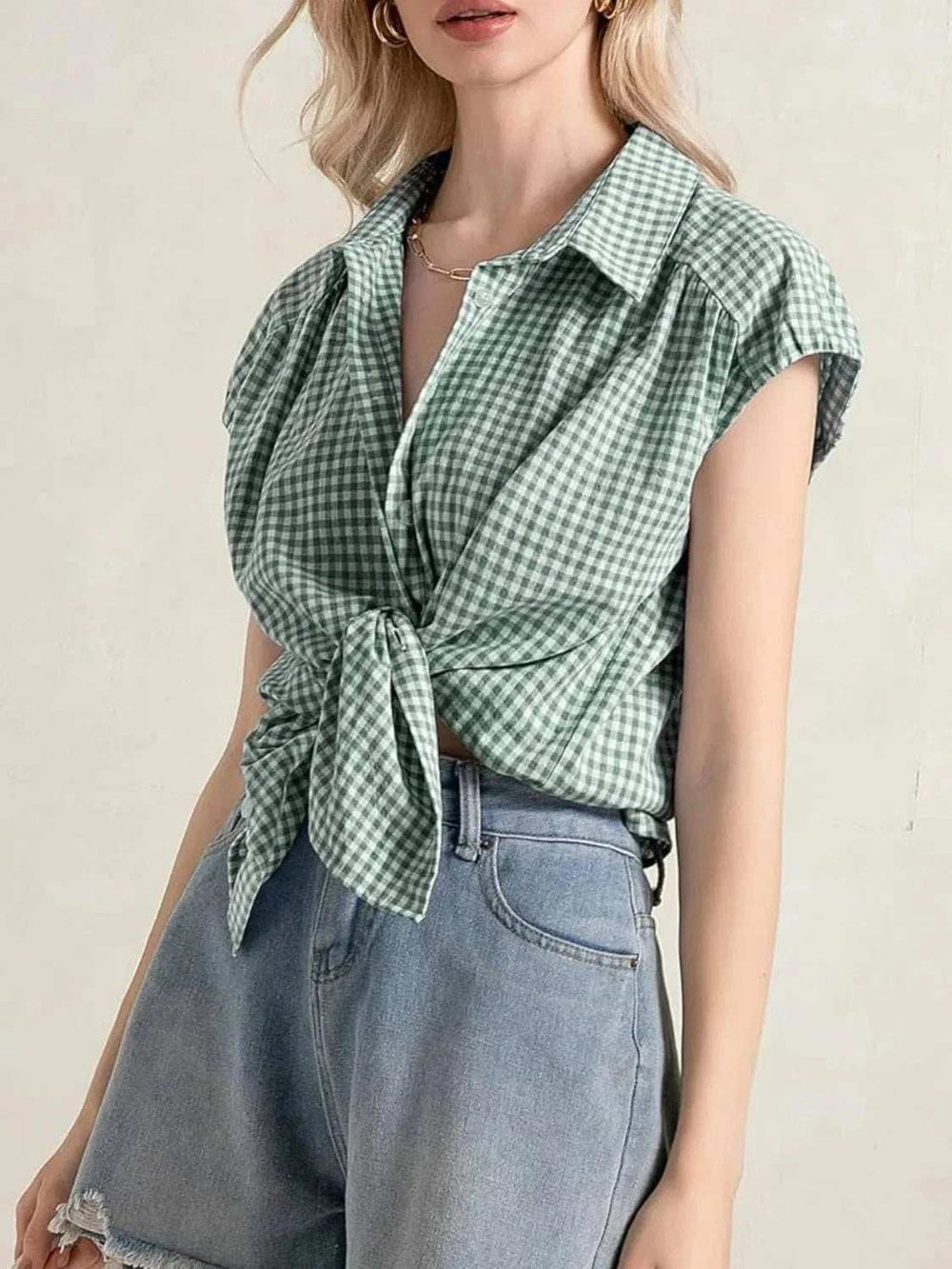 Plaid Button Up Cap Sleeve Shirt - Trendsi - Flyclothing LLC