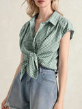 Plaid Button Up Cap Sleeve Shirt - Trendsi - Flyclothing LLC