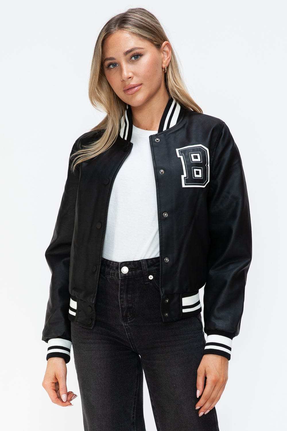 Love Me Now PU Leather Contrast Snap Down Bomber Jacket - Trendsi - Flyclothing LLC