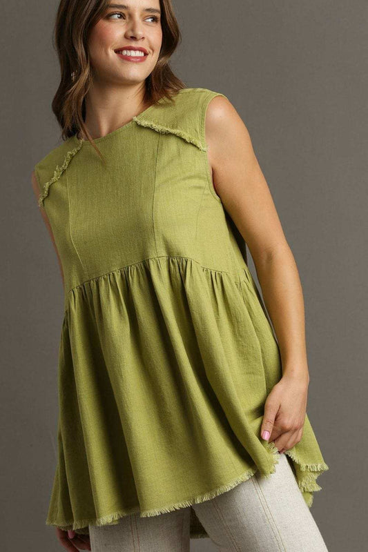 Umgee Full Size Raw Hem Linen Round Neck Sleeveless Top Plus Size - Trendsi - Flyclothing LLC