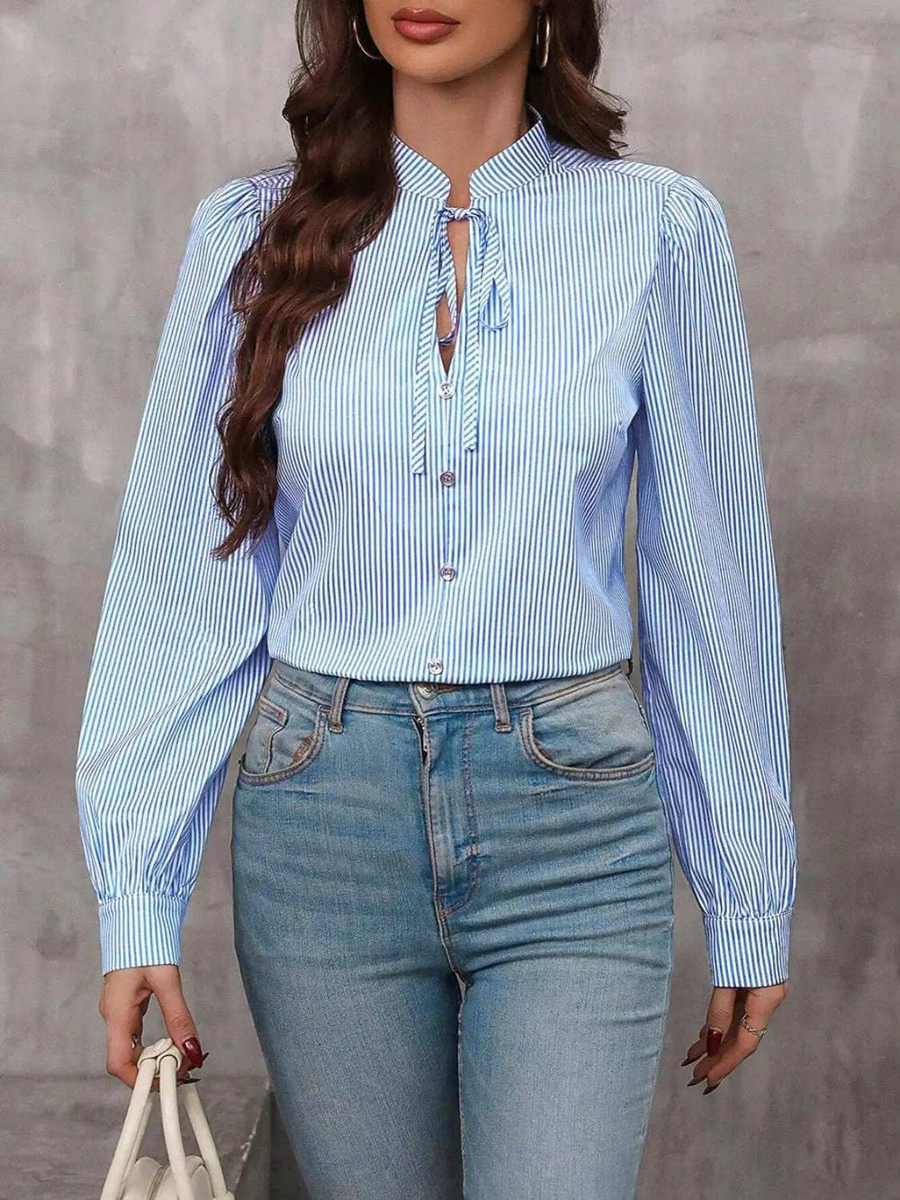 Striped Tie Neck Long Sleeve Blouse - Trendsi - Flyclothing LLC