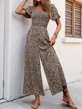 Perfee Smocked Printed Square Neck Puff Sleeve Jumpsuit - Trendsi - Flyclothing LLC