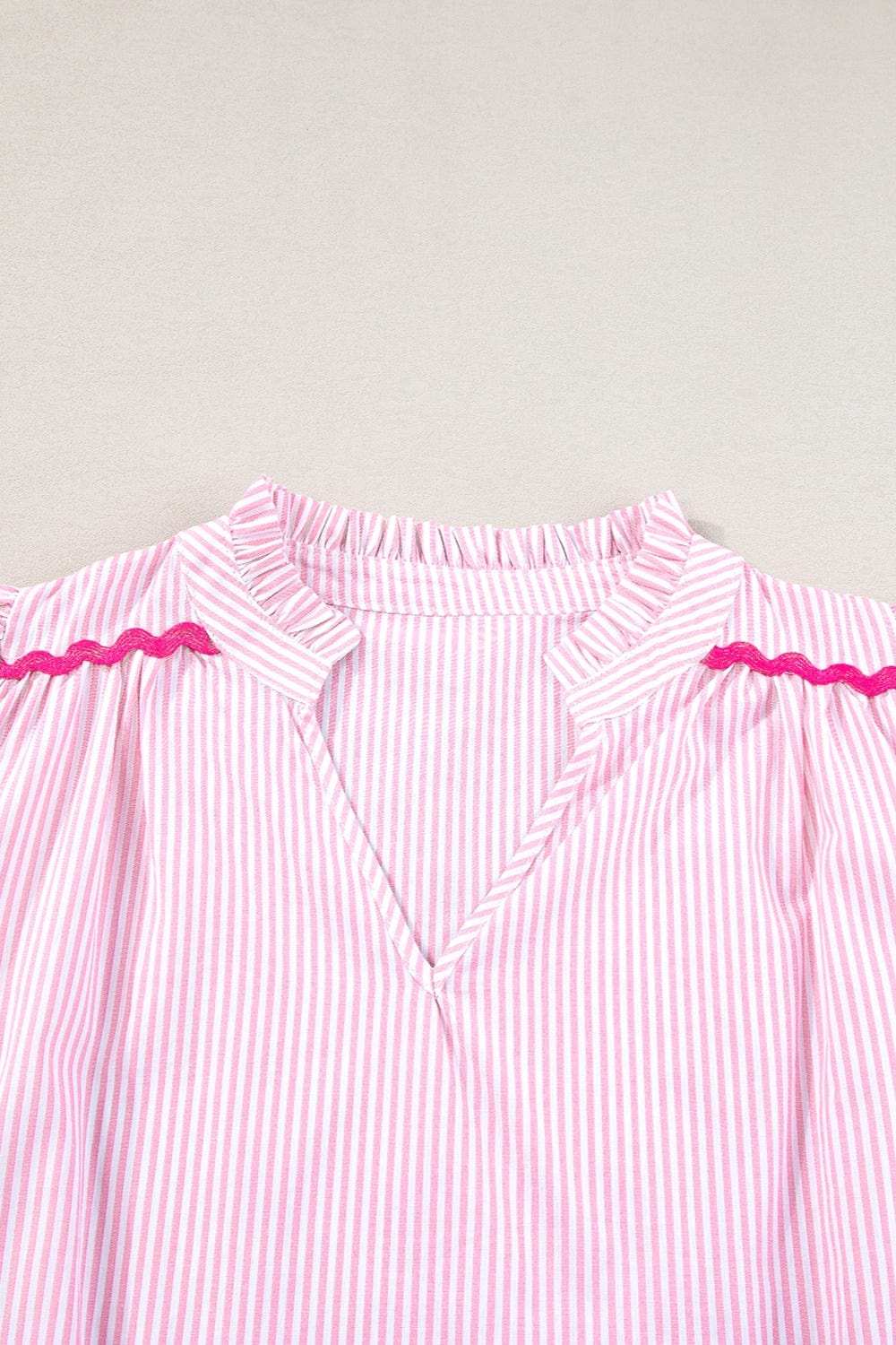 Striped Notched Short Sleeve Blouse - Trendsi - Flyclothing LLC