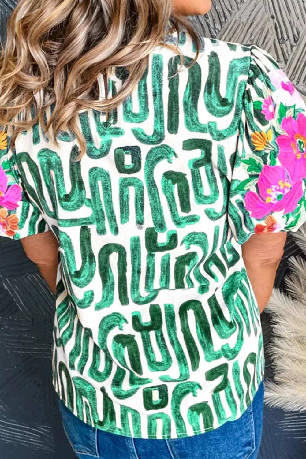 Embroidered Printed Mock Neck Short Sleeve Blouse - Trendsi - Flyclothing LLC