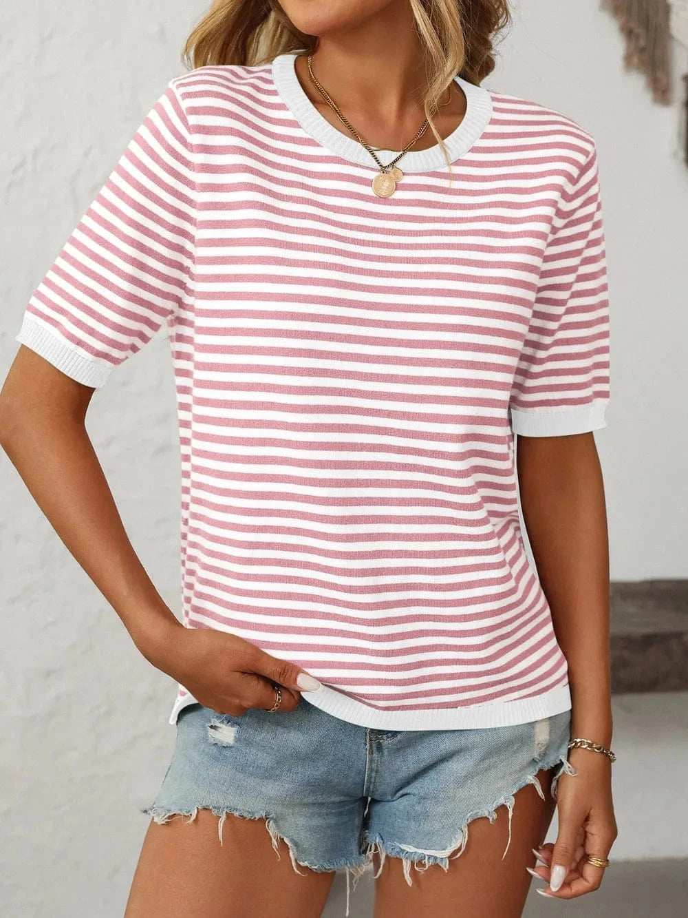 Mandy Striped Round Neck Half Sleeve Knit Top - Trendsi - Flyclothing LLC