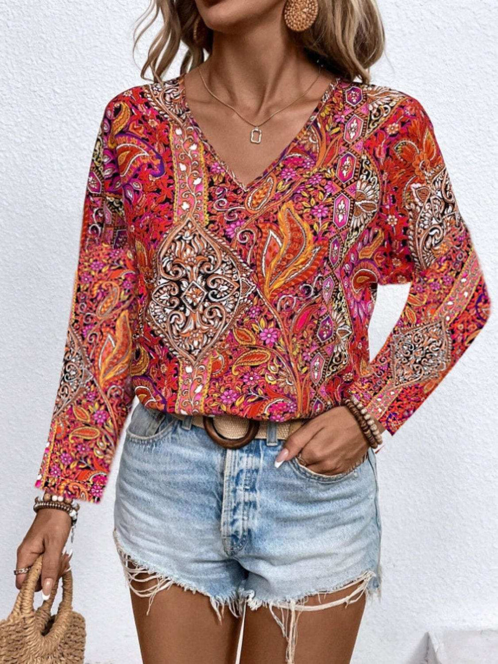 Printed V-Neck Long Sleeve Blouse - Trendsi - Flyclothing LLC