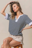 BiBi Contrast Striped Notched Knit Top - Trendsi - Flyclothing LLC