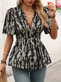 Printed V-Neck Half Sleeve Blouse - Trendsi - Flyclothing LLC
