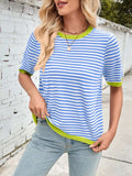 Lovelet Striped Contrast Round Neck Half Sleeve Knit Top - Trendsi - Flyclothing LLC