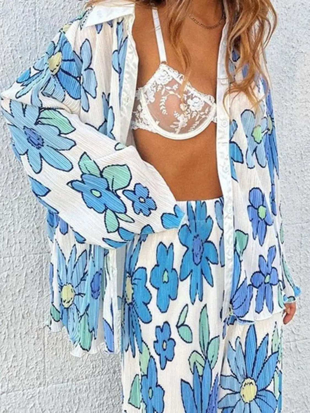 Printed Collared Neck Long Sleeve Top and Pants Lounge Set - Trendsi - Flyclothing LLC