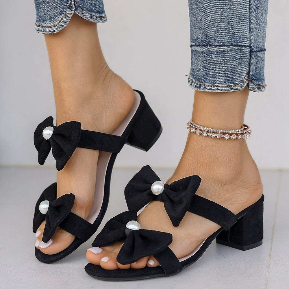 Double Bow Open Toe Block Heel Sandals - Trendsi - Flyclothing LLC