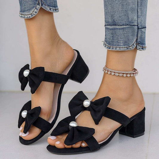 Double Bow Open Toe Block Heel Sandals - Trendsi - Flyclothing LLC