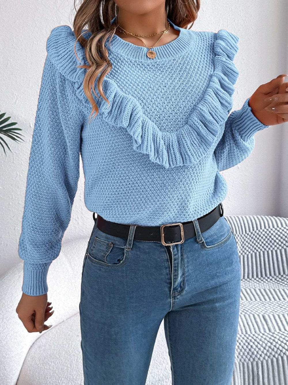 Ruffled Round Neck Long Sleeve Sweater - Trendsi - Flyclothing LLC