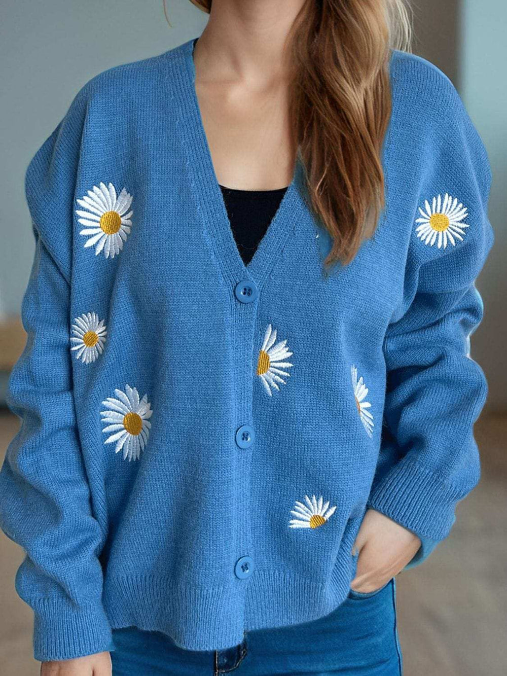 Daisy Button Up V-Neck Cardigan - Trendsi - Flyclothing LLC