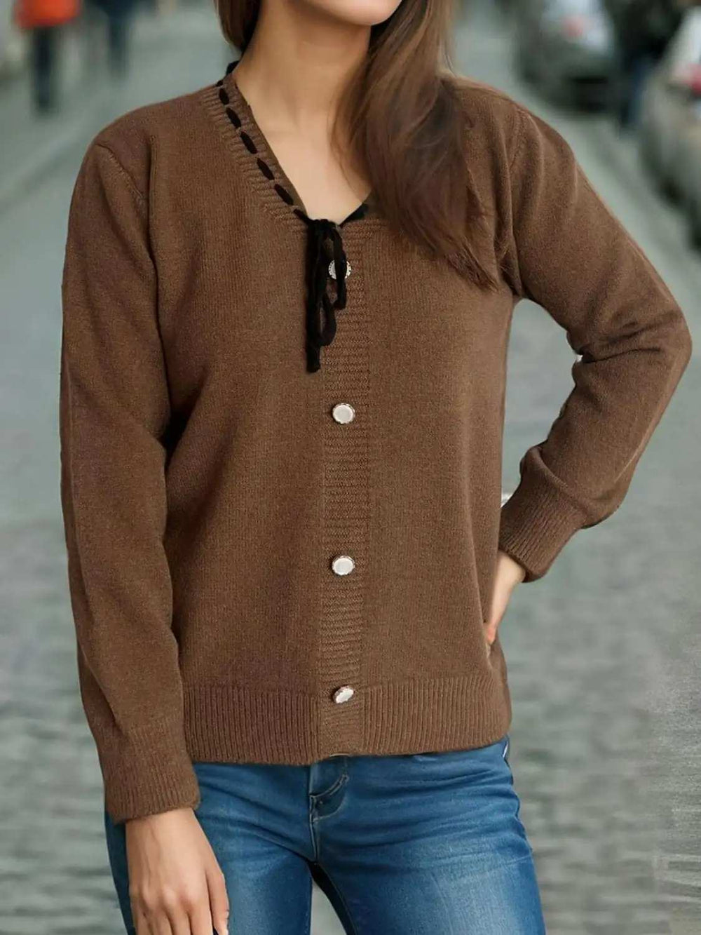 Tied V-Neck Long Sleeve Sweater - Trendsi - Flyclothing LLC