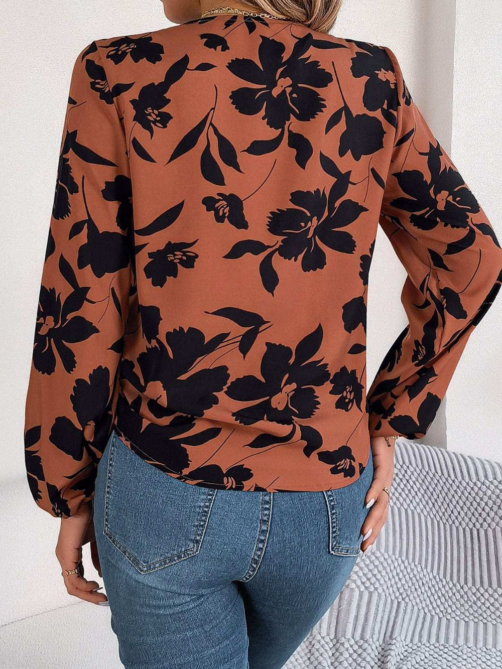 Printed V-Neck Long Sleeve Blouse - Trendsi - Flyclothing LLC