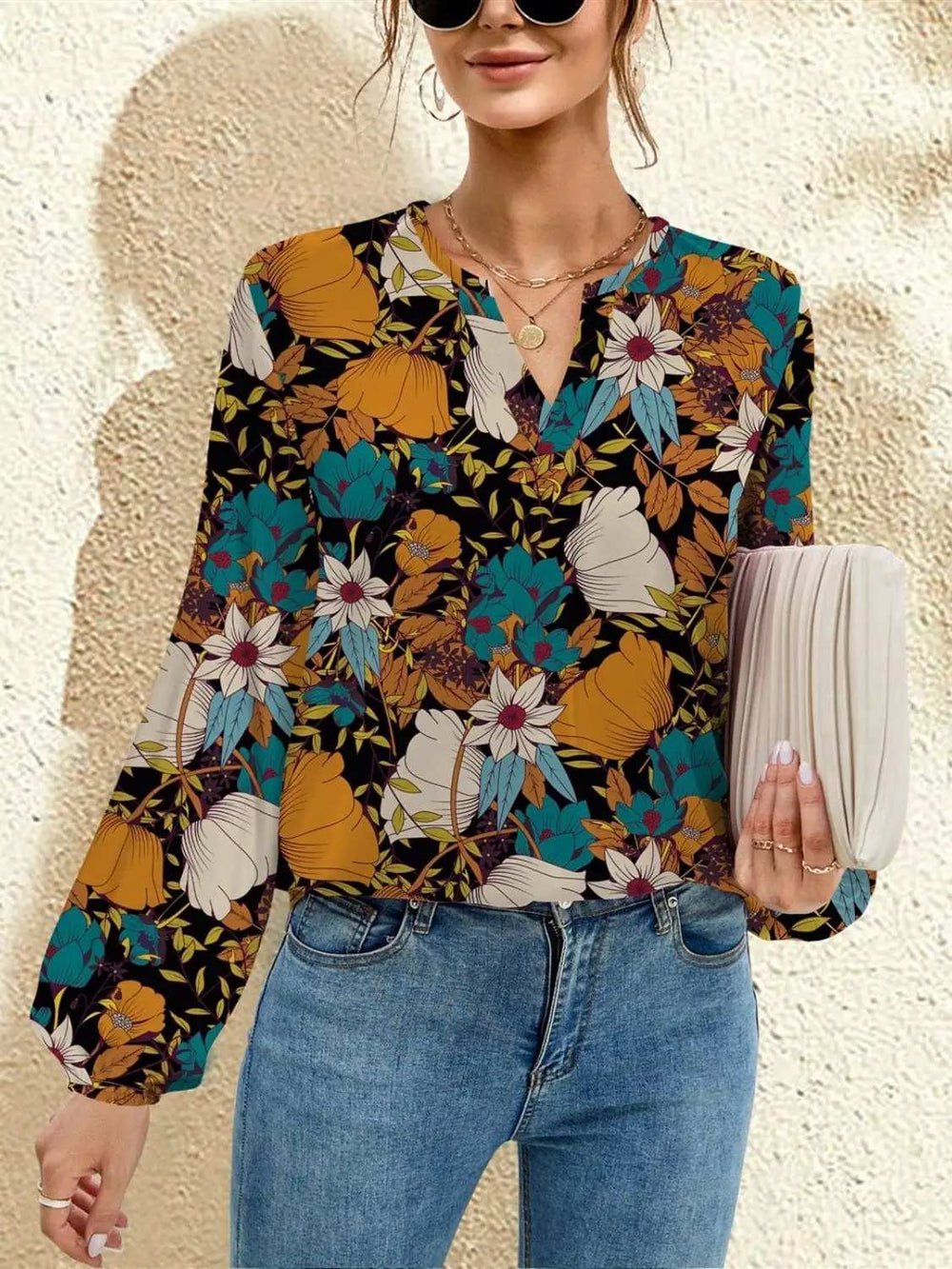 FAM-FAM Printed Notched Long Sleeve Blouse - Trendsi - Flyclothing LLC