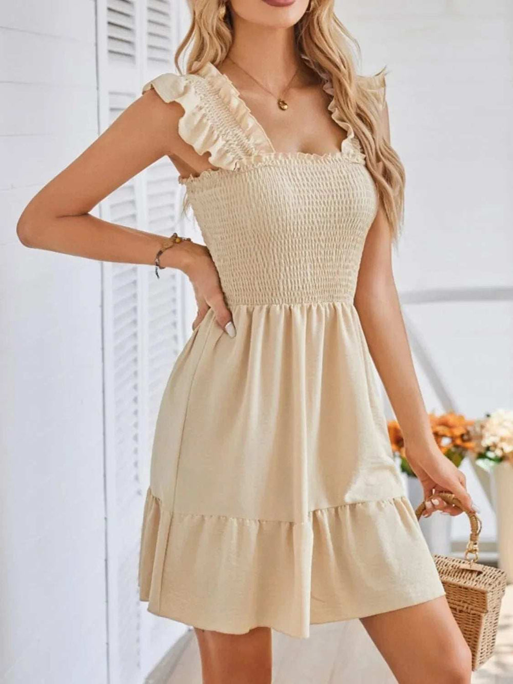 Smocked Square Neck Wide Strap Dress - Trendsi - Flyclothing LLC